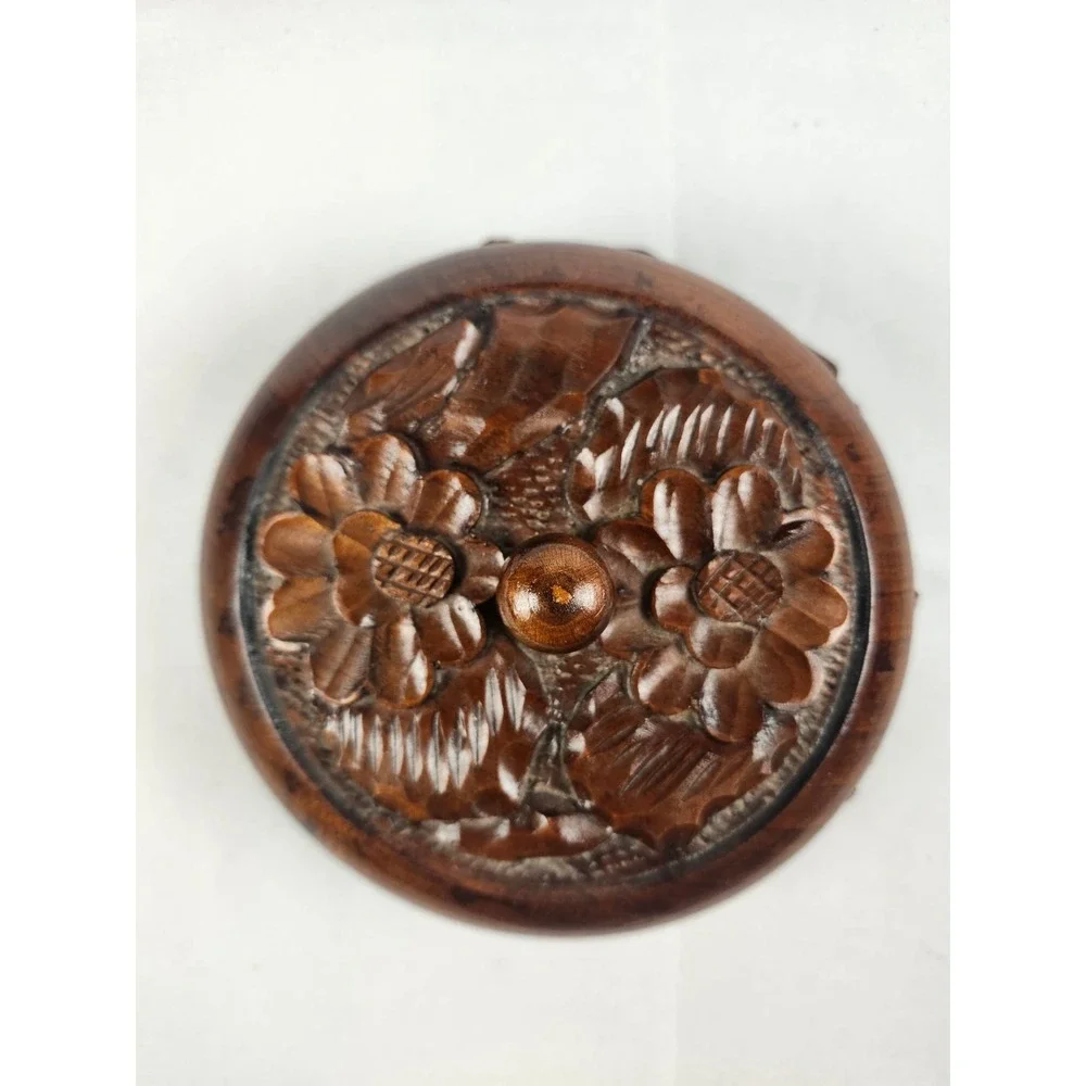 Vintage Hand Carved Wood Trinket Box Floral Lidded Jewelry Keepsake Round Bowl